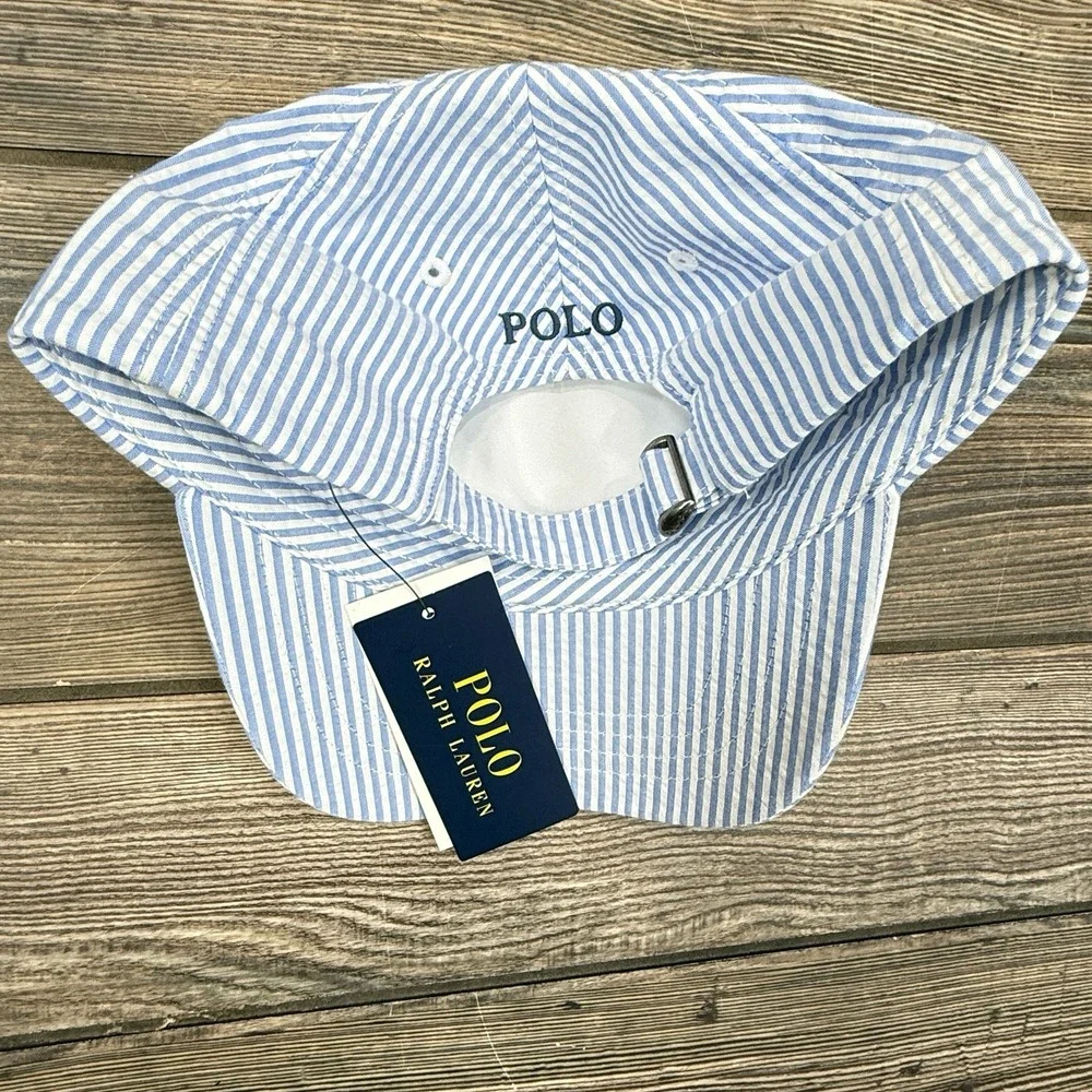 Polo Ralph Lauren Seersucker Ball Cap Hat Blue Stripe 100% Cotton NEW
